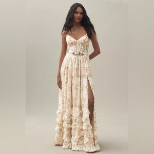 V. Chapman Carmen Corset Front-Slit Ruffled Gown